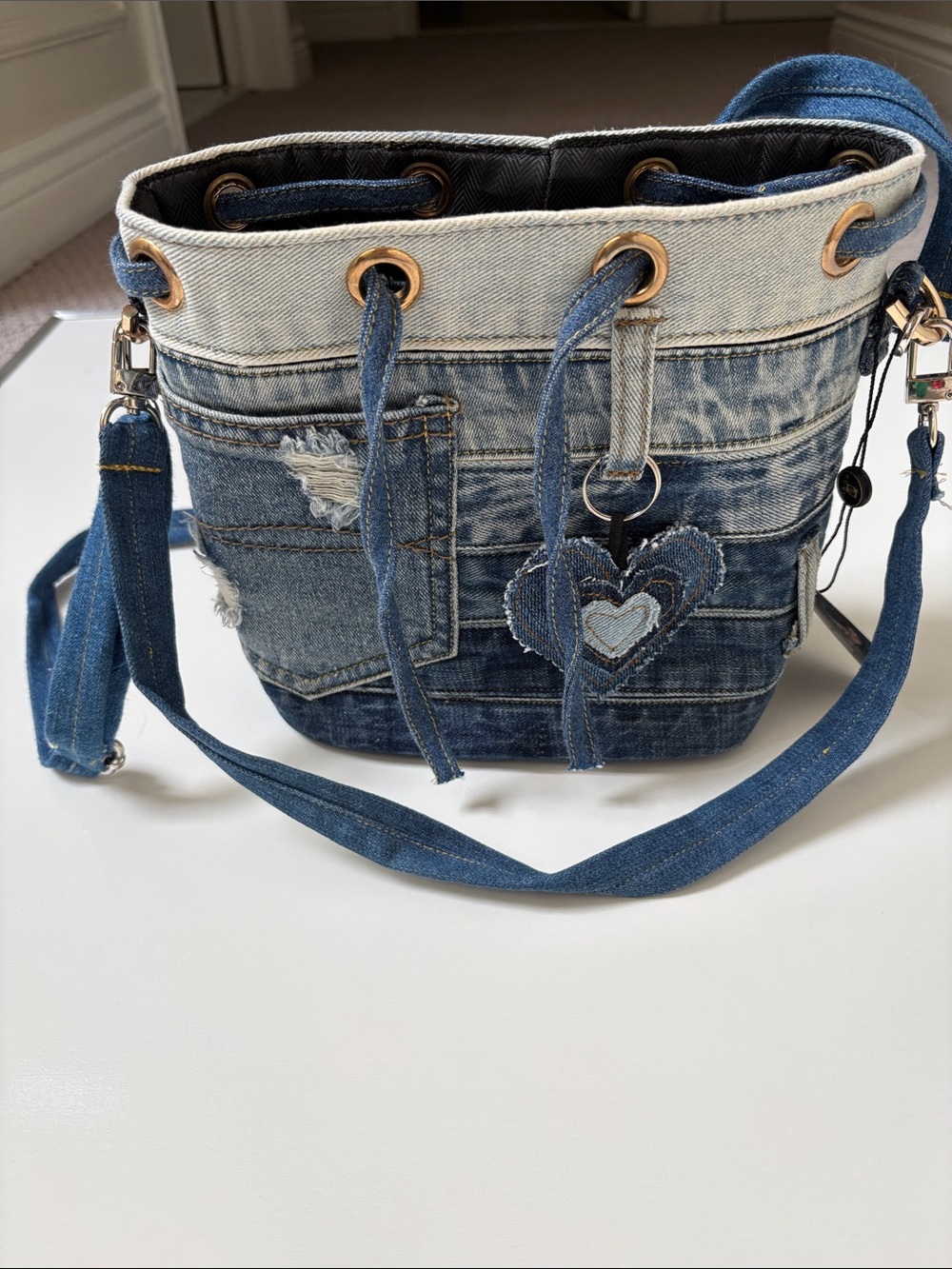Upcycled Denim Drawstring Crossbody Bag | One-of-a-Kind Jeans Purse